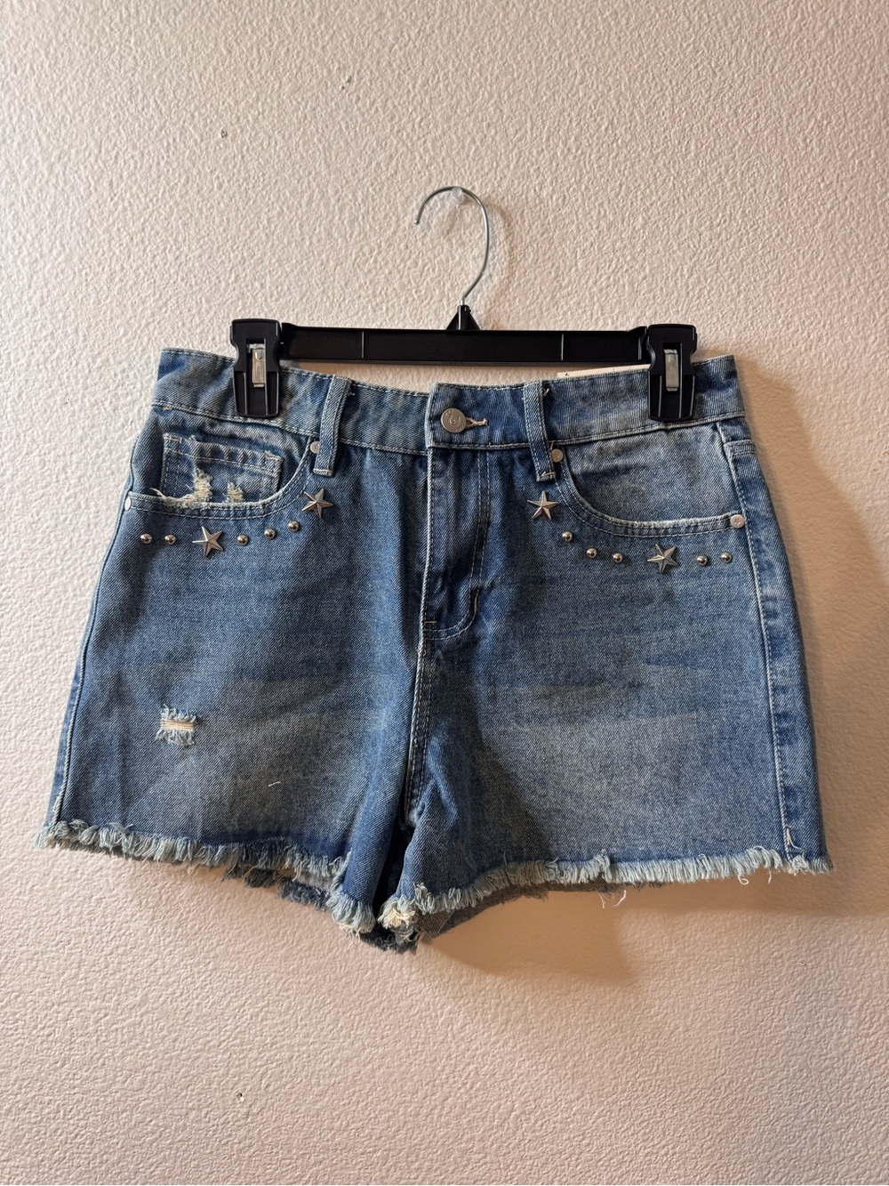 Star-Stud High-Rise Denim Shorts - Blue